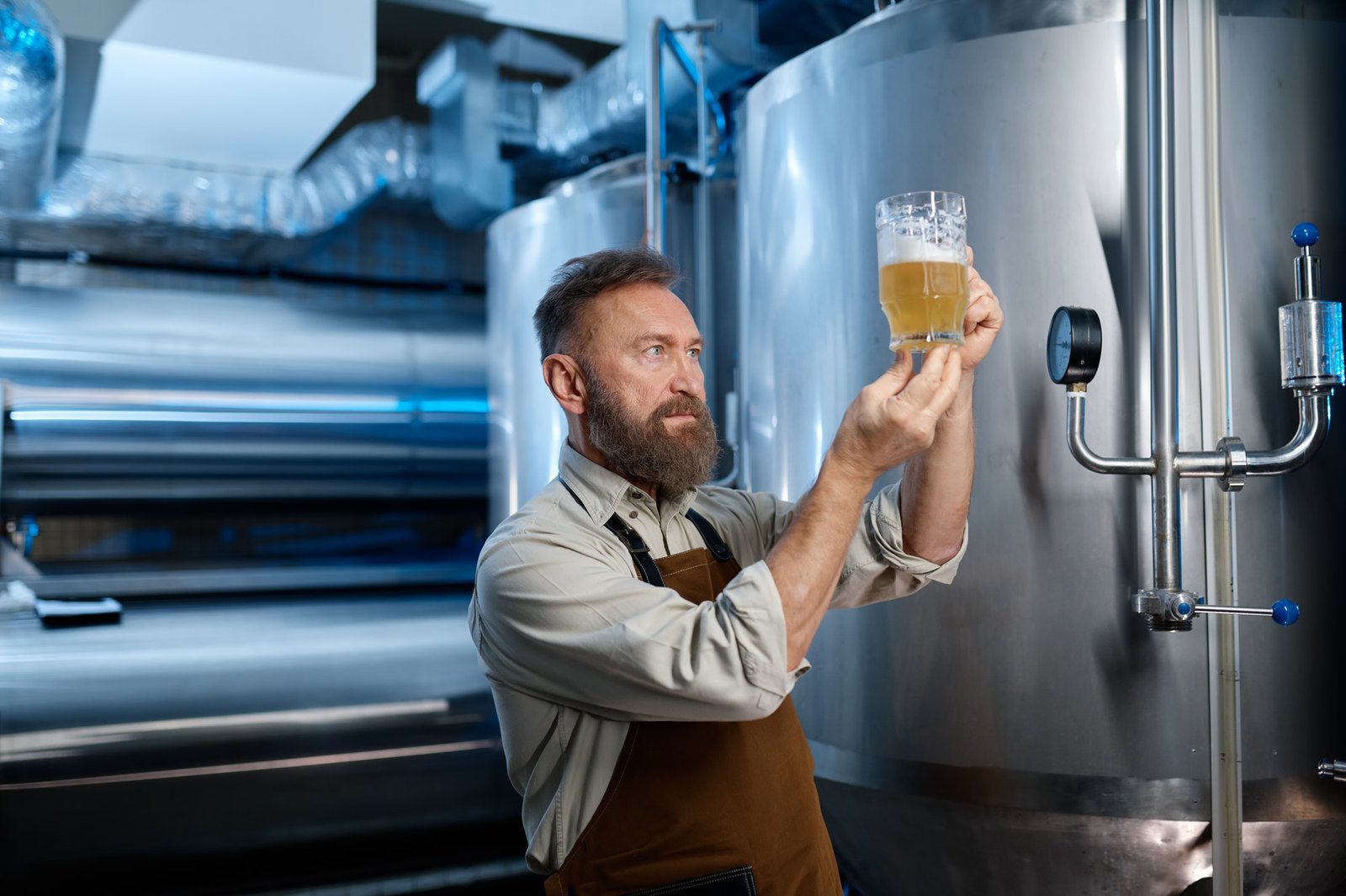 Brewery worker looking at freshly made beer in glass mug