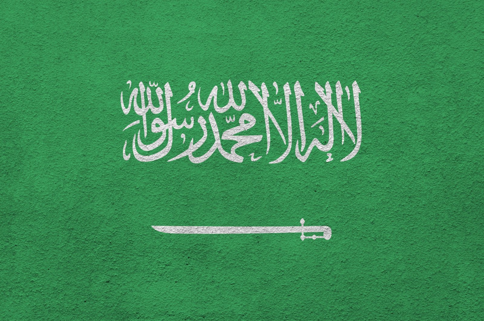 Saudi Arabia flag depicted in bright paint colors on old relief plastering wall close up